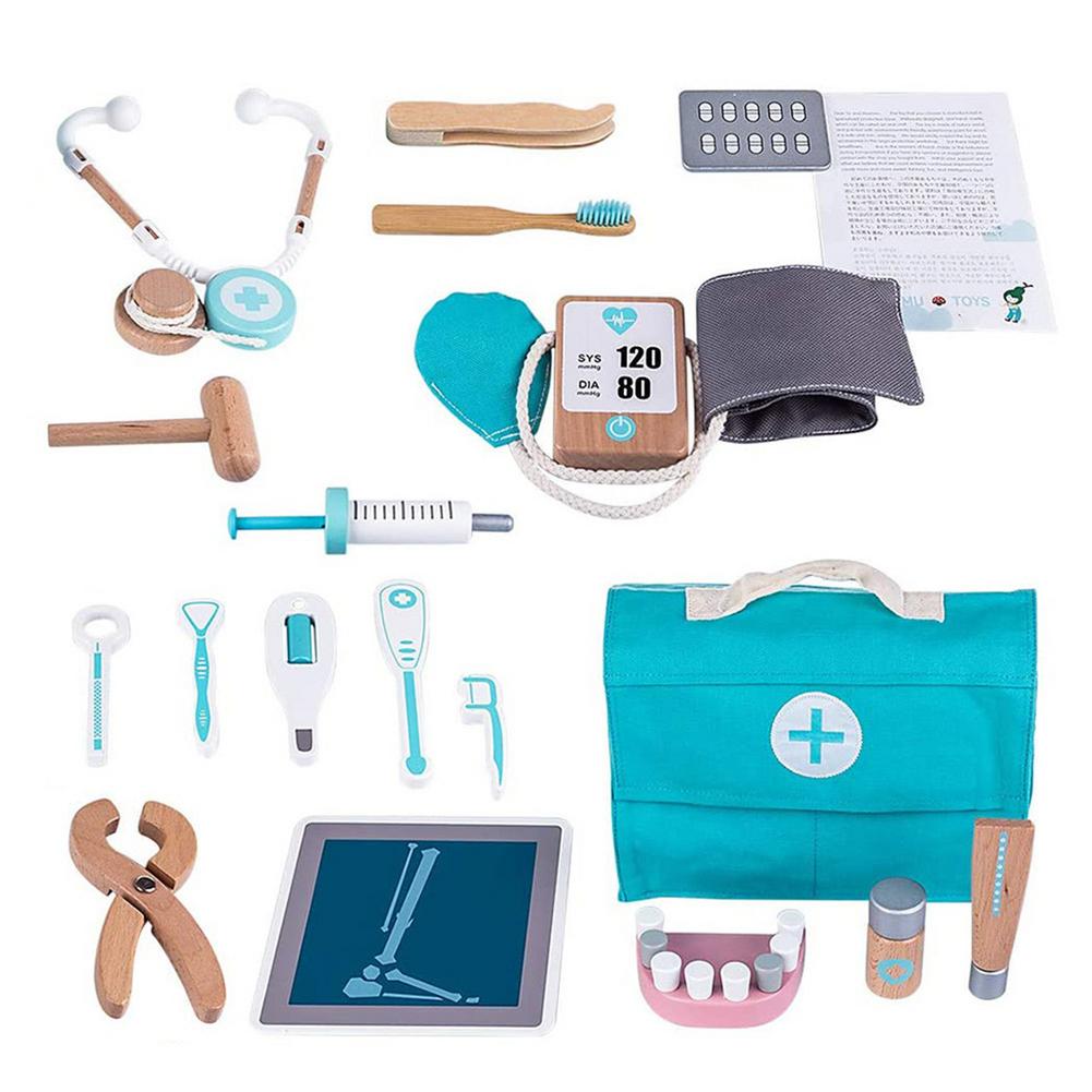 Kids Toys Doctor Set - 17Pcs Set Children Wooden Doctor Case